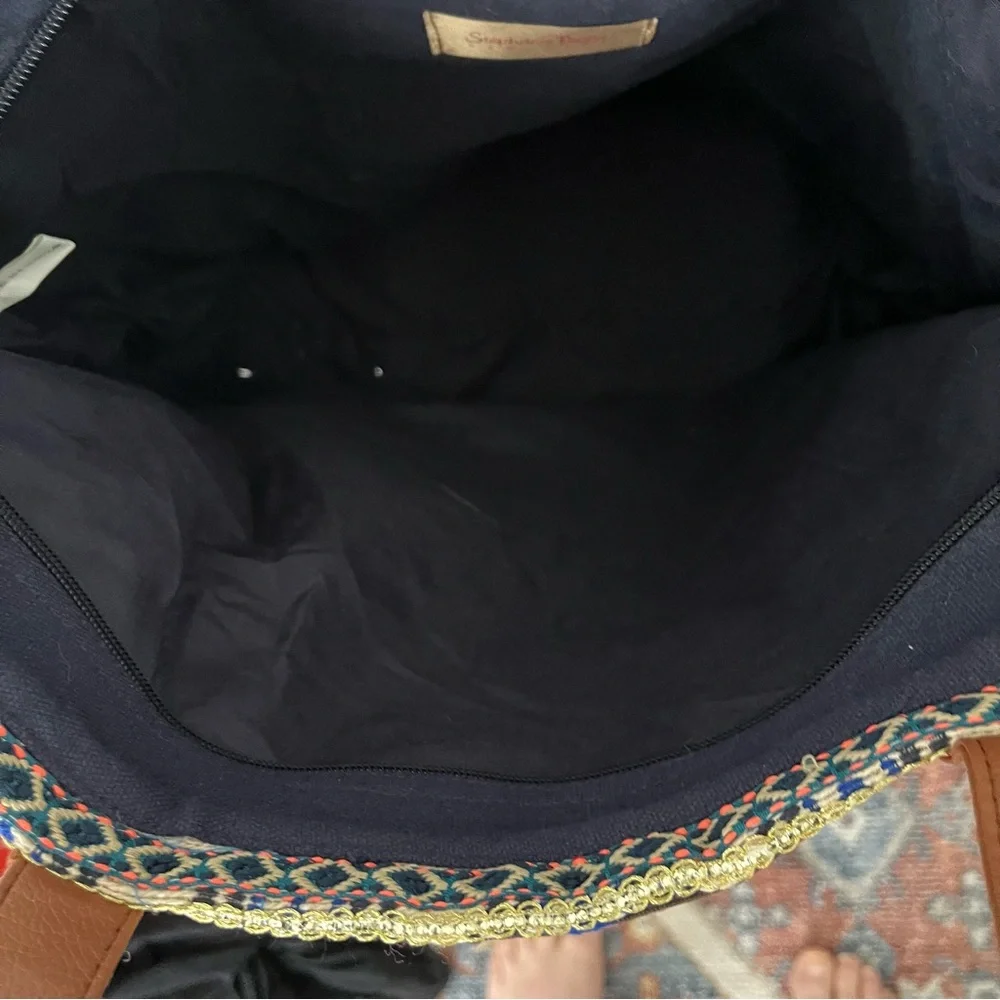 Boho Woven Tote Bag with Brown Handles - Navy, Pink & Cream